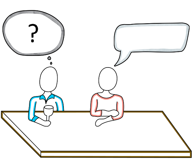 An illustration two people talking at a table