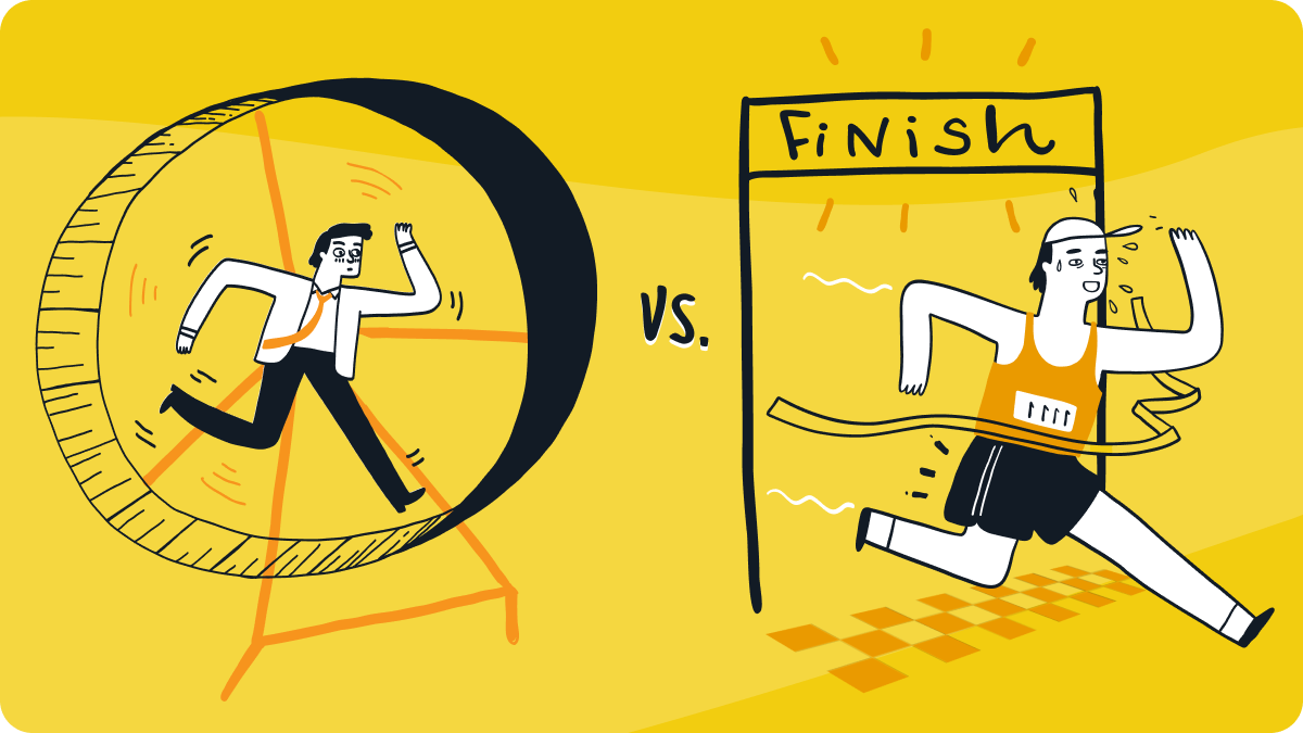 An illustration of a man on a treadmill next to a man crossing a finish line.