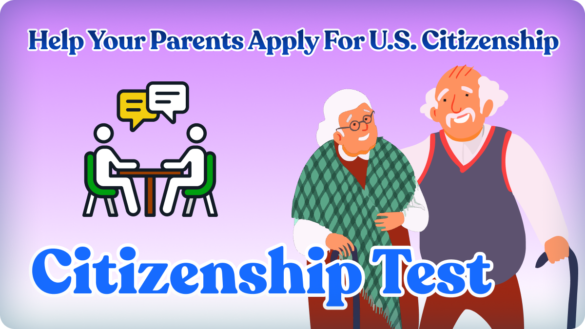 An illustration of a smiling older couple with an icon of two people seated at a desk talking next to them